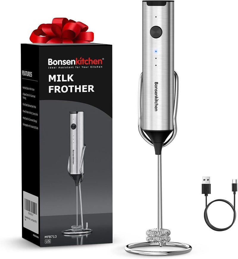 Bonsenkitchen Rechargeable Milk Frother with Stand, Handheld 3-Speed Coffee Frother, Dual Spring Whisk Electric Hand Frother Wand Drink Mixer for Matcha Lattes Cappuccino, Kitchen Gifts - Image 1